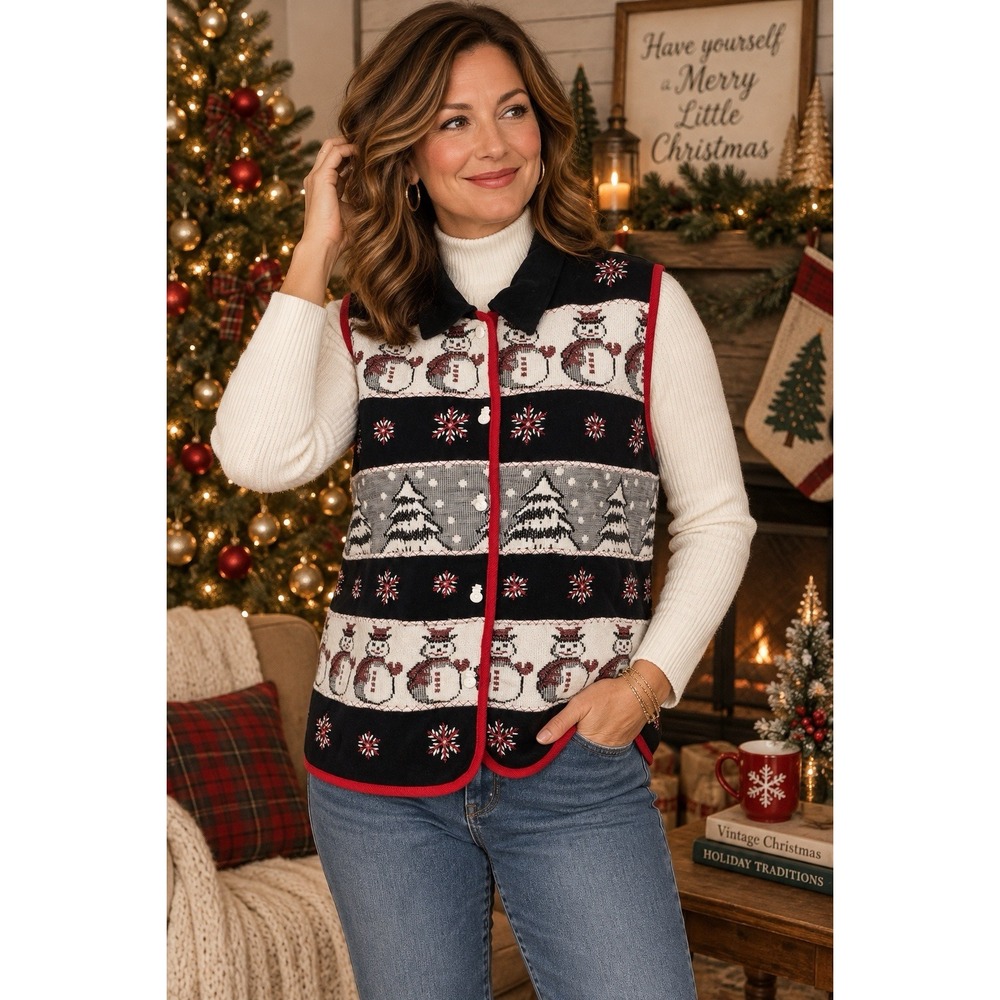 Carolina Colours Womens Christmas Vest Snowmen Trees Black White Size 18 Classic